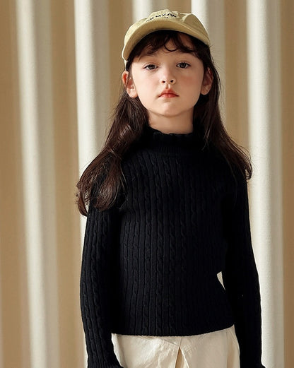 【100-160cm】スタンドカラーフリルリブニット