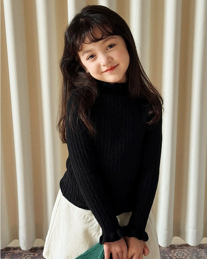 【100-160cm】スタンドカラーフリルリブニット