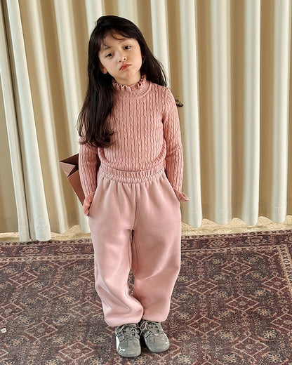 【100-160cm】スタンドカラーフリルリブニット