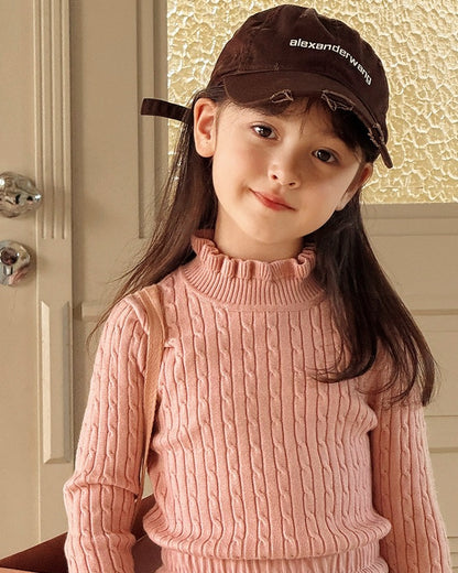 【100-160cm】スタンドカラーフリルリブニット