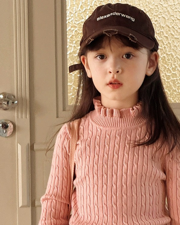 【100-160cm】スタンドカラーフリルリブニット