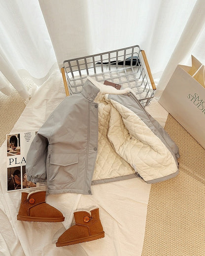 【100-160cm】フェイクファーカラー中綿ジップジャケット