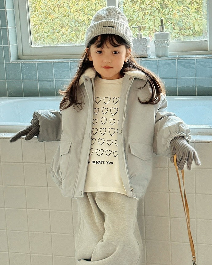 【100-160cm】フェイクファーカラー中綿ジップジャケット