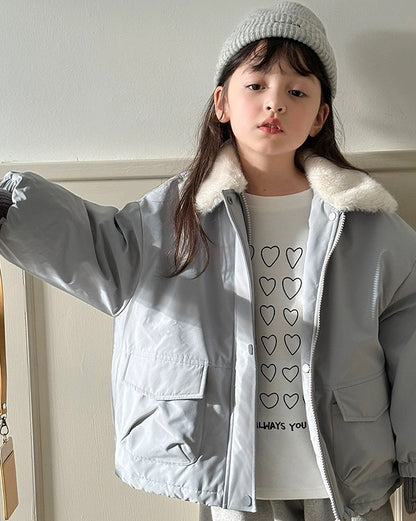 【100-160cm】フェイクファーカラー中綿ジップジャケット