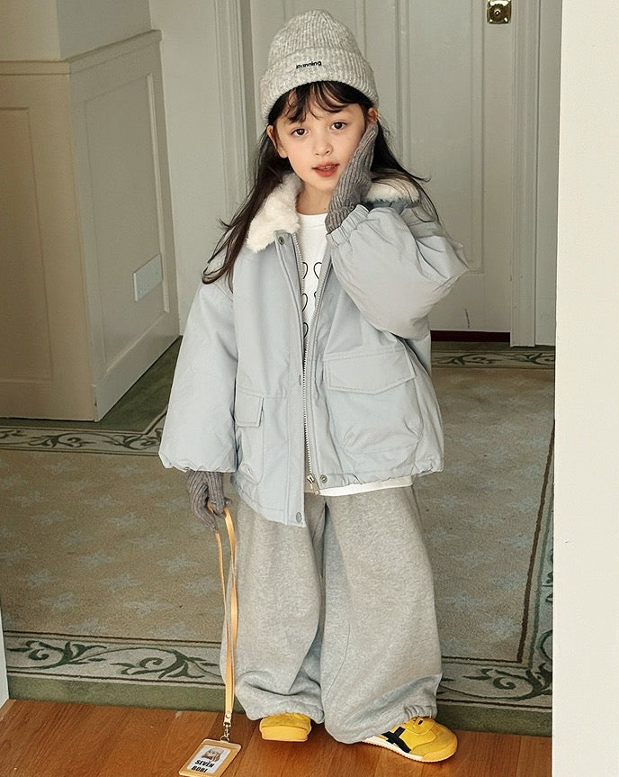 【100-160cm】フェイクファーカラー中綿ジップジャケット