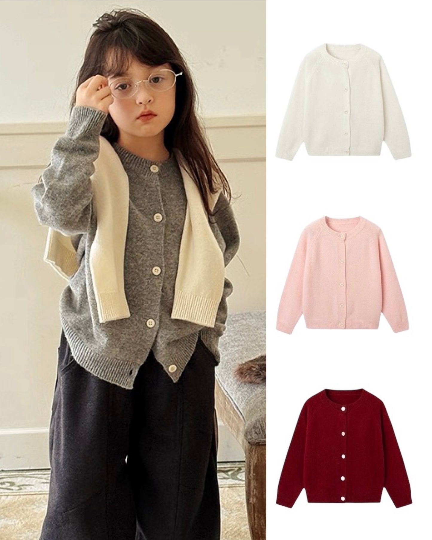 【100-160cm】親子お揃い クルーネックウールカーディガン