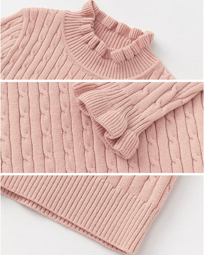 【100-160cm】スタンドカラーフリルリブニット