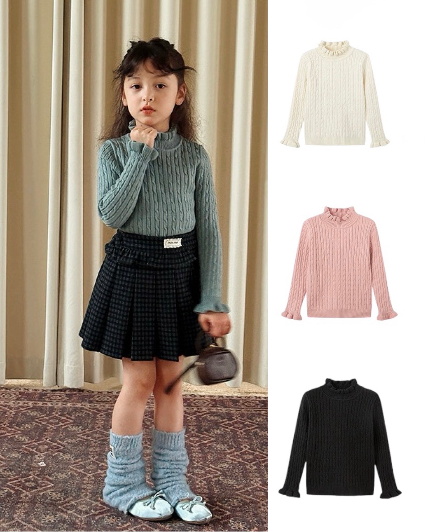 【100-160cm】スタンドカラーフリルリブニット