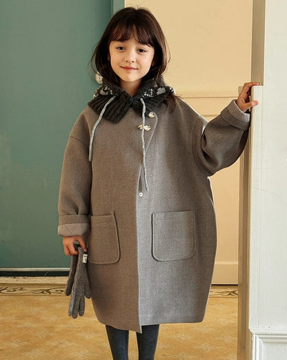 【100-160cm】ウール混ノーカラーコクーンコート