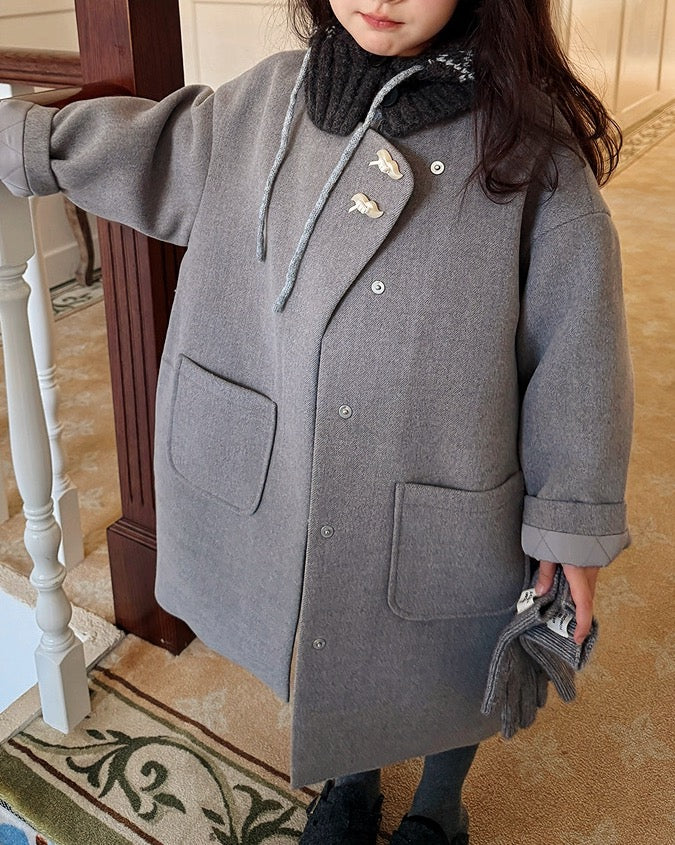 【100-160cm】ウール混ノーカラーコクーンコート