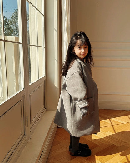 【100-160cm】ウール混ノーカラーコクーンコート