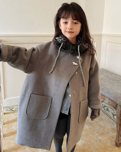 【100-160cm】ウール混ノーカラーコクーンコート