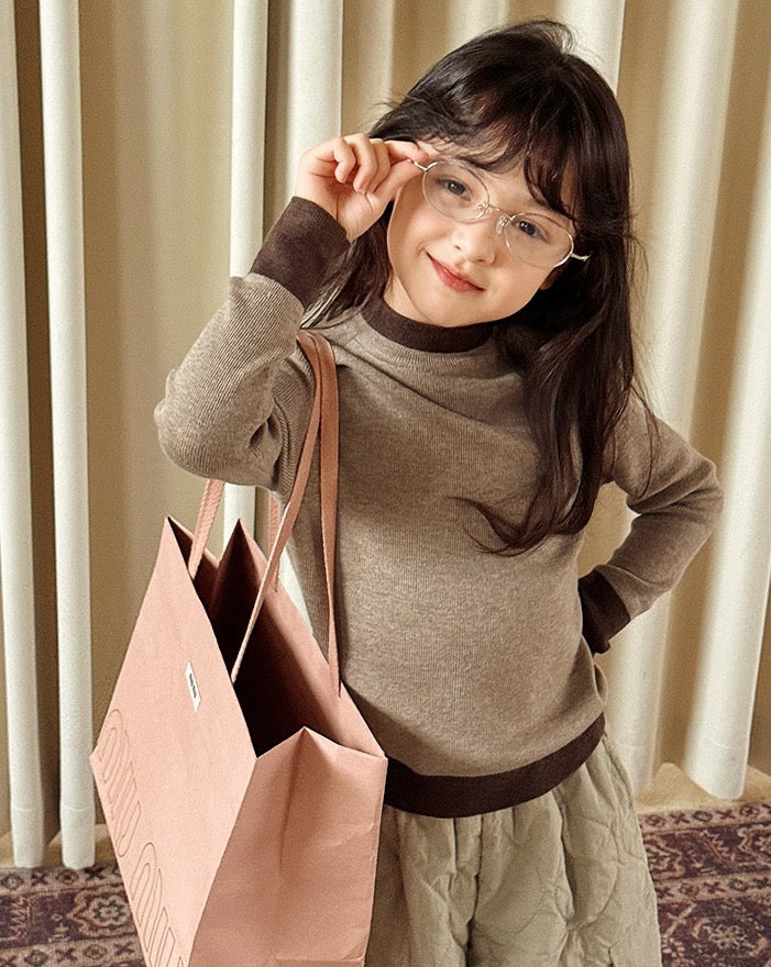 【100-160cm】ウール混モックネックバイカラーニット