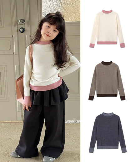 【100-160cm】ウール混モックネックバイカラーニット