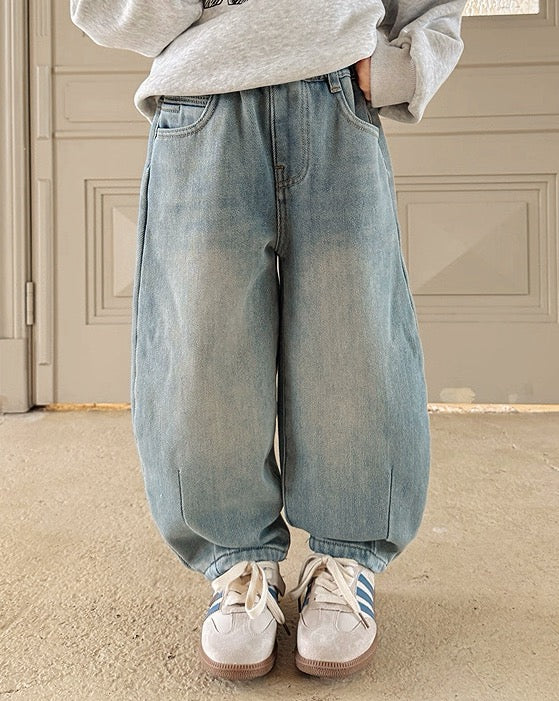【100-160cm】裏起毛バルーンデニムパンツ