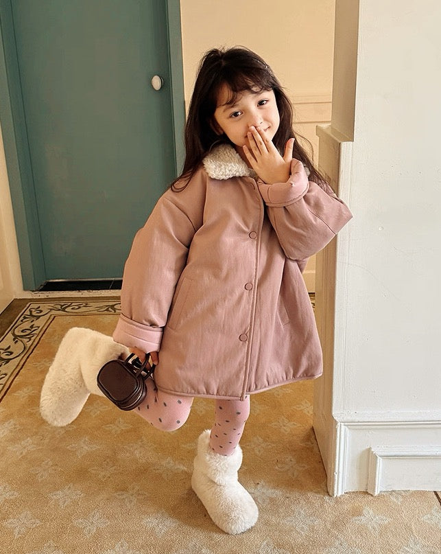 【100-160cm】ボア衿フェイクレザーパデッドジャケット