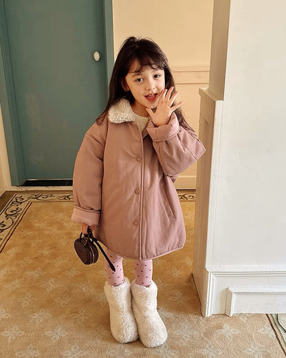 【100-160cm】ボア衿フェイクレザーパデッドジャケット