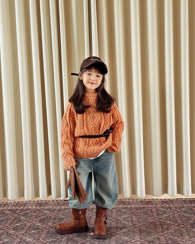 【100-160cm】ウールケーブルニットプルオーバー