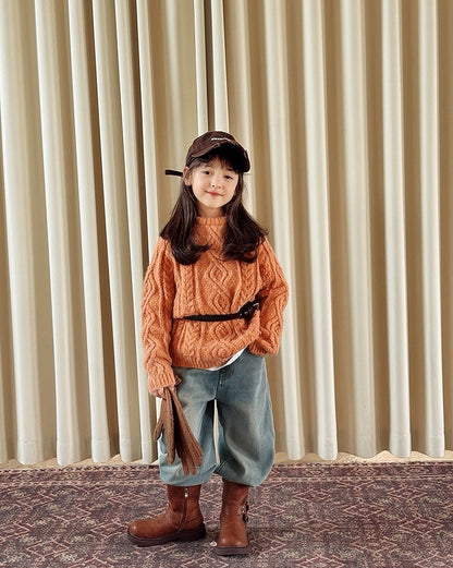 【100-160cm】ウールケーブルニットプルオーバー