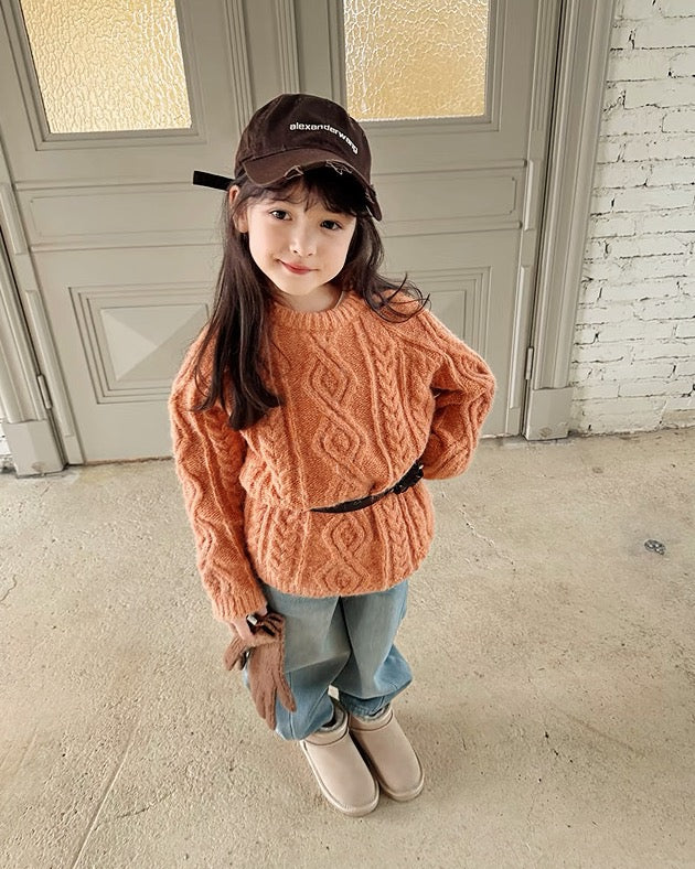 【100-160cm】ウールケーブルニットプルオーバー