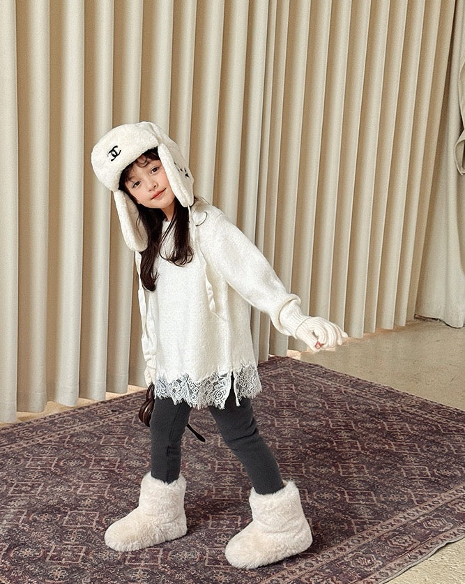 【100-160cm】ウール混レーストリムニットチュニック