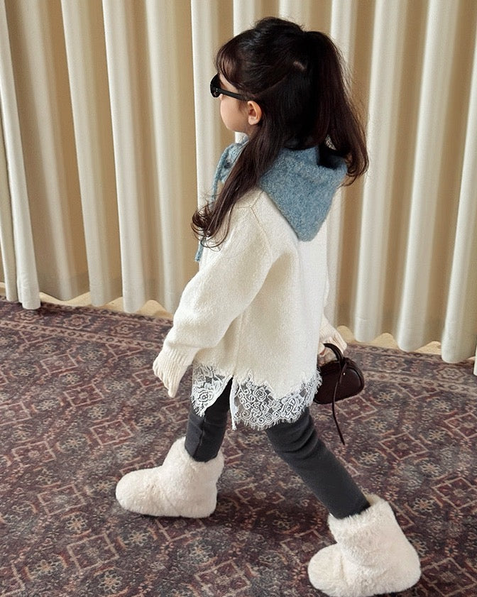 【100-160cm】ウール混レーストリムニットチュニック