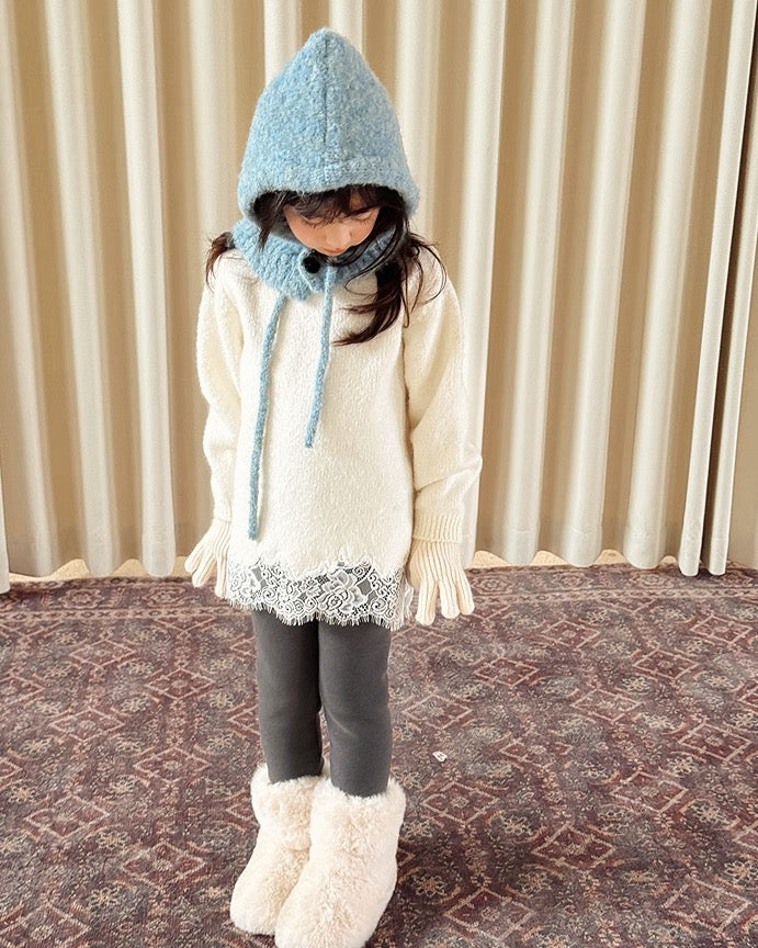 【100-160cm】ウール混レーストリムニットチュニック