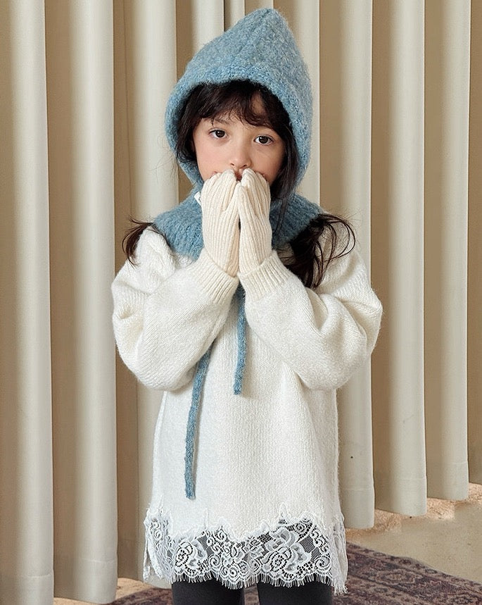 【100-160cm】ウール混レーストリムニットチュニック