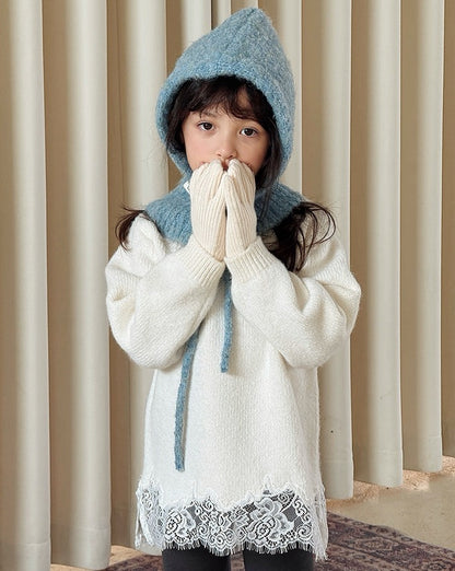 【100-160cm】ウール混レーストリムニットチュニック