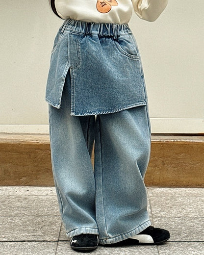 【100-160cm】裏起毛レイヤード風デニムワイドパンツ