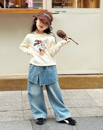 【100-160cm】裏起毛レイヤード風デニムワイドパンツ