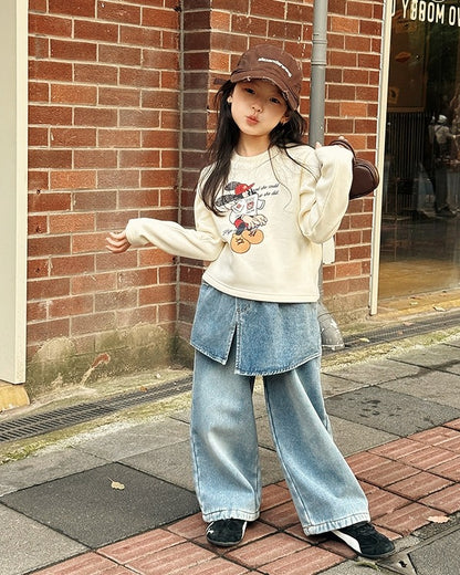 【100-160cm】裏起毛レイヤード風デニムワイドパンツ