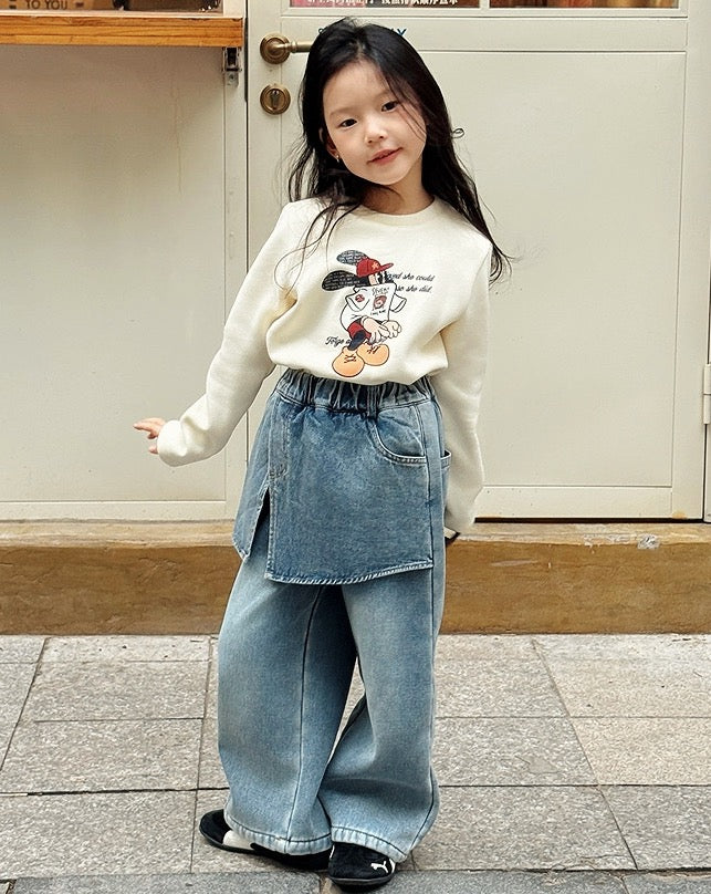 【100-160cm】裏起毛レイヤード風デニムワイドパンツ