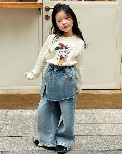 【100-160cm】裏起毛レイヤード風デニムワイドパンツ