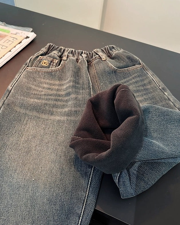 【110-160cm】裏起毛ワイドジーンズ