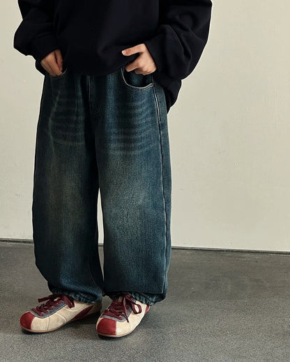 【110-160cm】裏起毛ワイドジーンズ