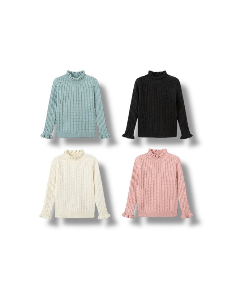 【100-160cm】スタンドカラーフリルリブニット