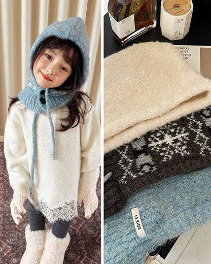 キッズ ニットネックウォーマー アイボリー ブルーグレー柄 3色 置き画 UNIDRE baby&kids Kids knit neck warmer ivory blue gray pattern 3 colors flat lay UNIDRE baby&kids