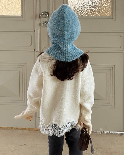 キッズ ニットネックウォーマー アイボリー フード付き 着用 後ろ姿 UNIDRE baby&kids Kids knit neck warmer ivory hood style worn back UNIDRE baby&kids