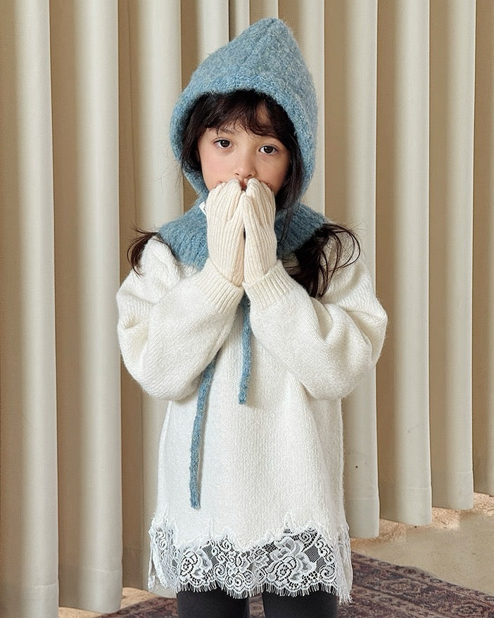 キッズ ニットネックウォーマー アイボリー フード付き 着用 UNIDRE baby&kids Kids knit neck warmer ivory hood style worn UNIDRE baby&kids